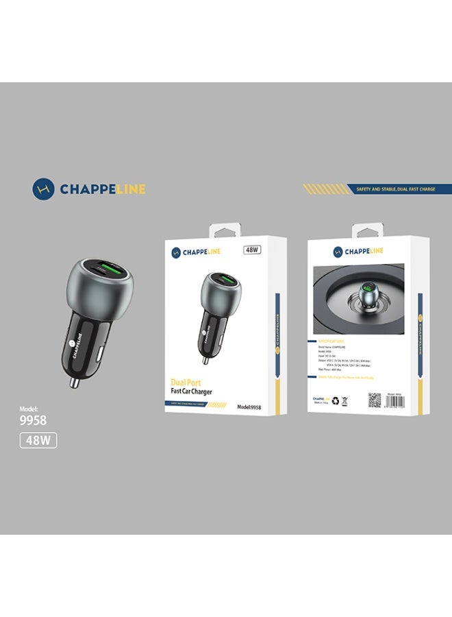 تشابي لاين  CHAPPELINE شاحن سيارة سريع بمنفذين 48 واط، موديل 9958، USB-C و USB-A، شحن سريع ثنائي - Image 5